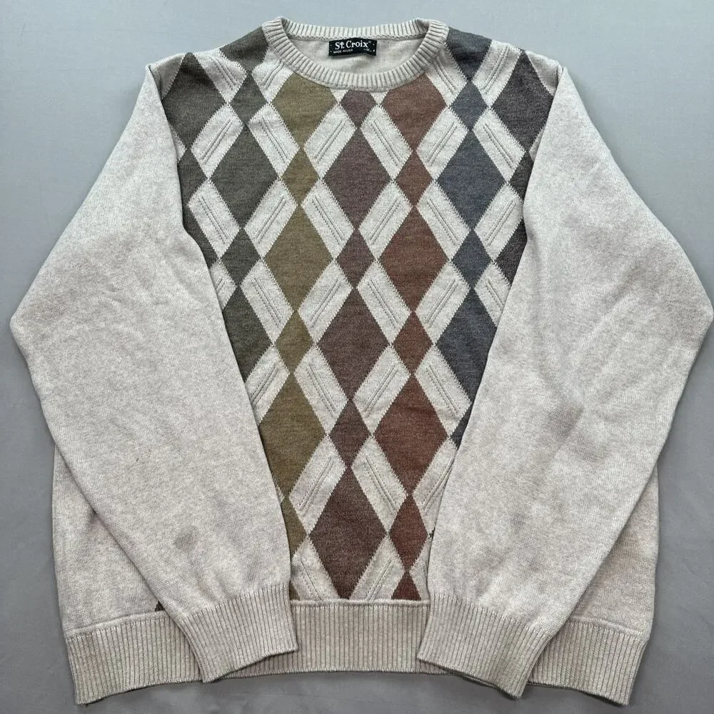 St Croix Sweater Mens Medium Brown Diamond Argyle Cottage Retro USA